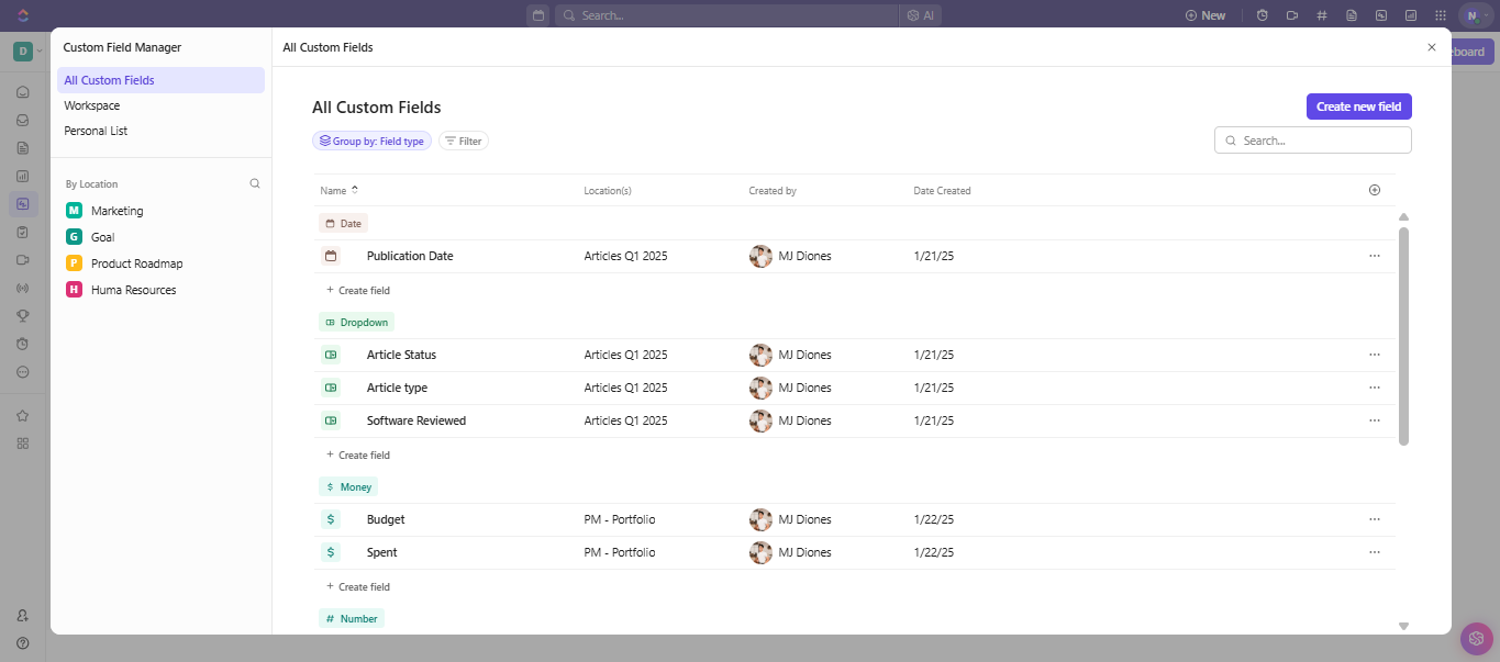 ClickUp Custom Field Manager window