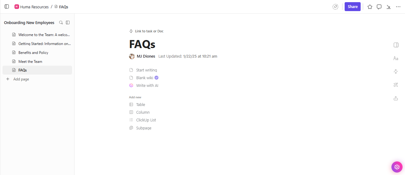 ClickUp Docs interface featuring AI generation and content templates
