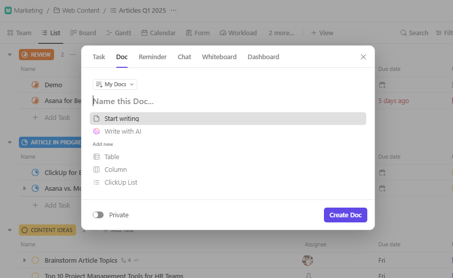 ClickUp Doc window that appears after clicking New above the interface