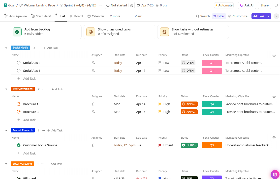 A ClickUp sprint project plan