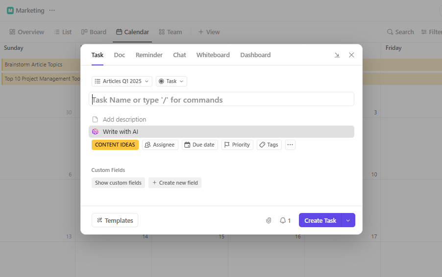 ClickUp task window that appears after clicking New above the interface