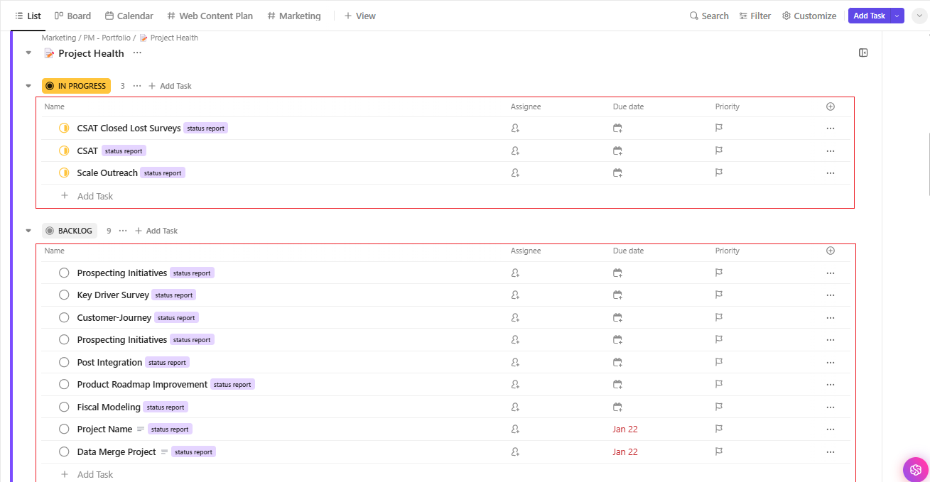 ClickUp tasks defined by custom fields for assignees, due dates, and priority