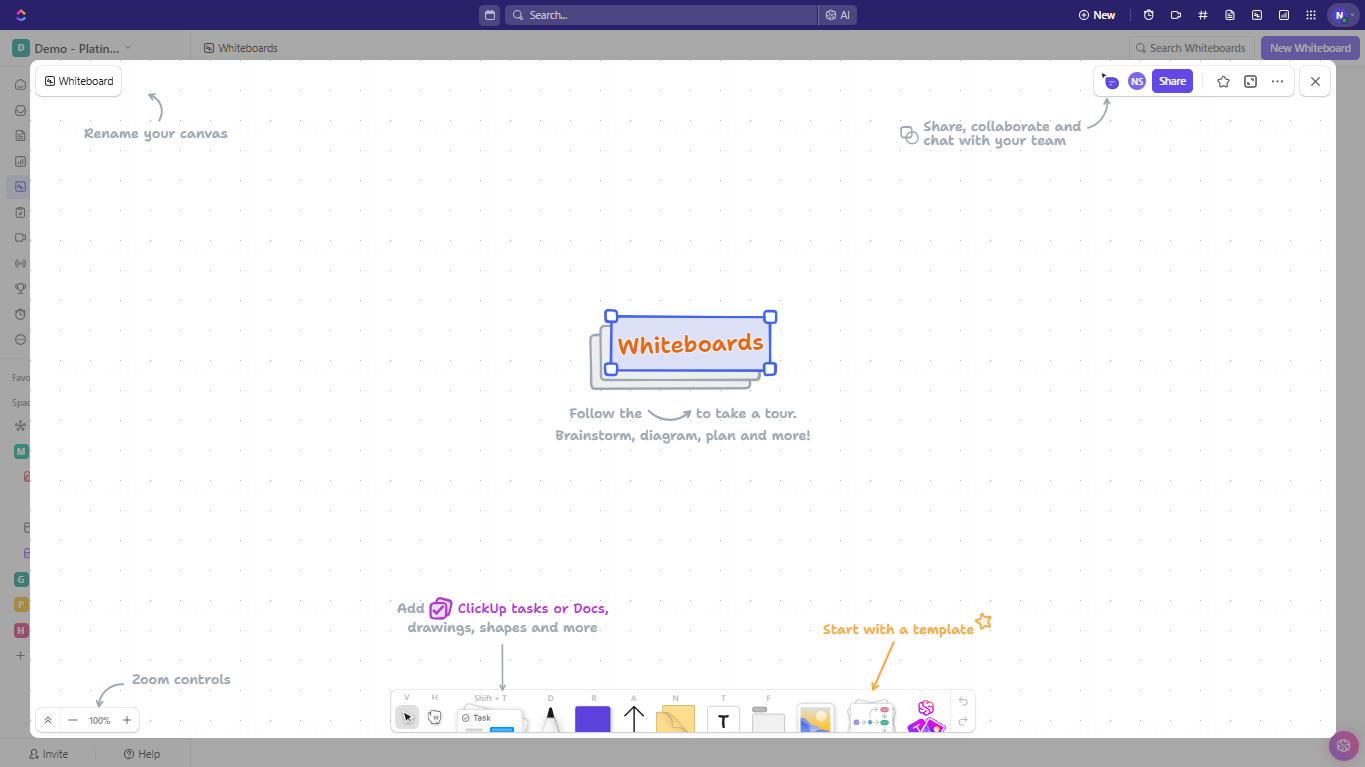ClickUp whiteboard features notetaking and creative tools to illustrate brainstorming ideas