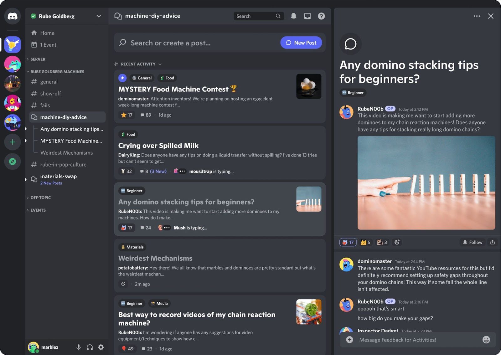 discord server displaying the channel sidebar and activity feed