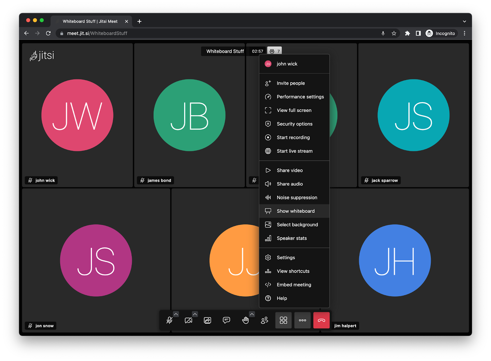 jitsi virtual meeting displaying meeting options and tools
