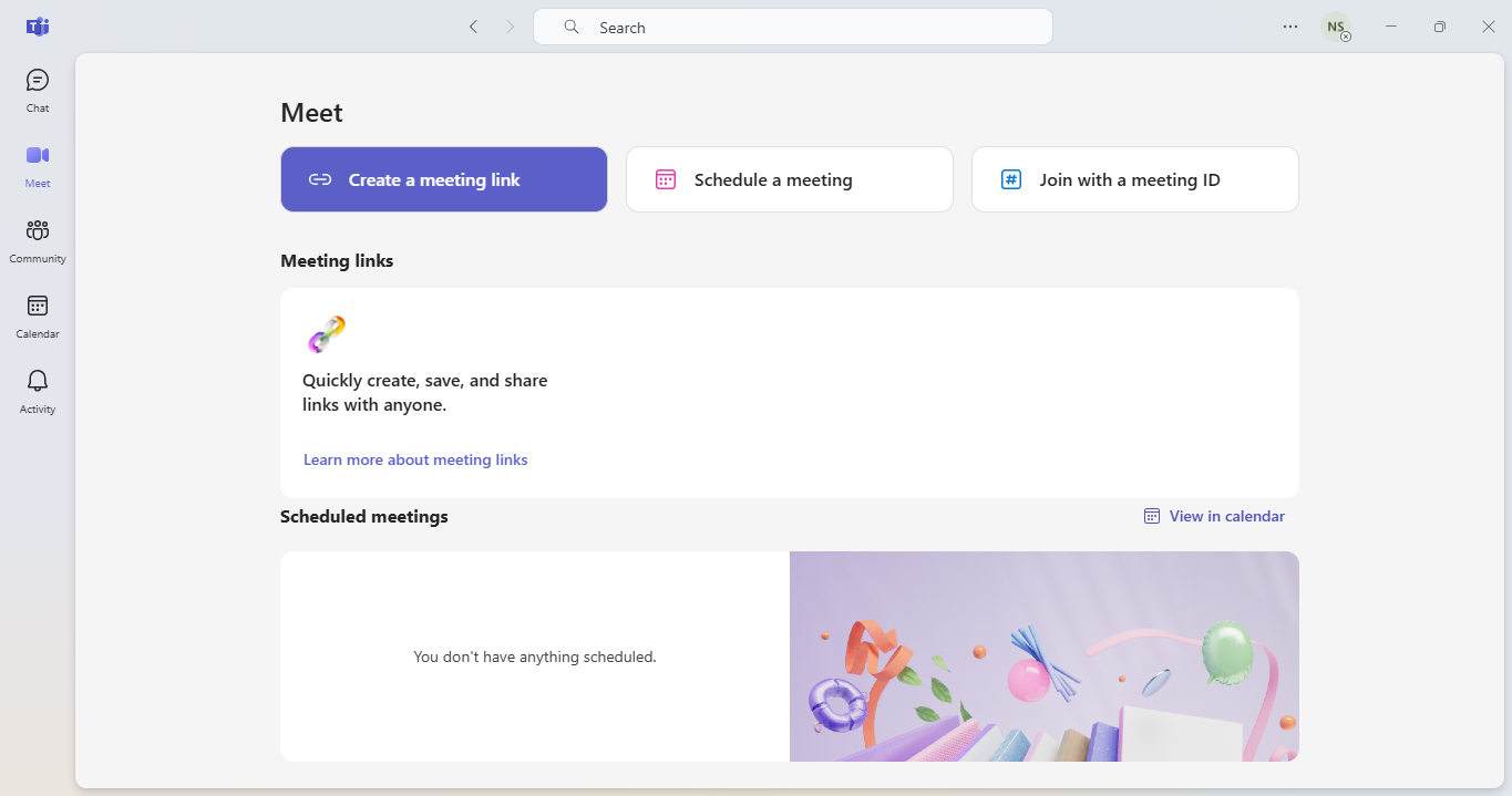 microsoft teams meet menu page